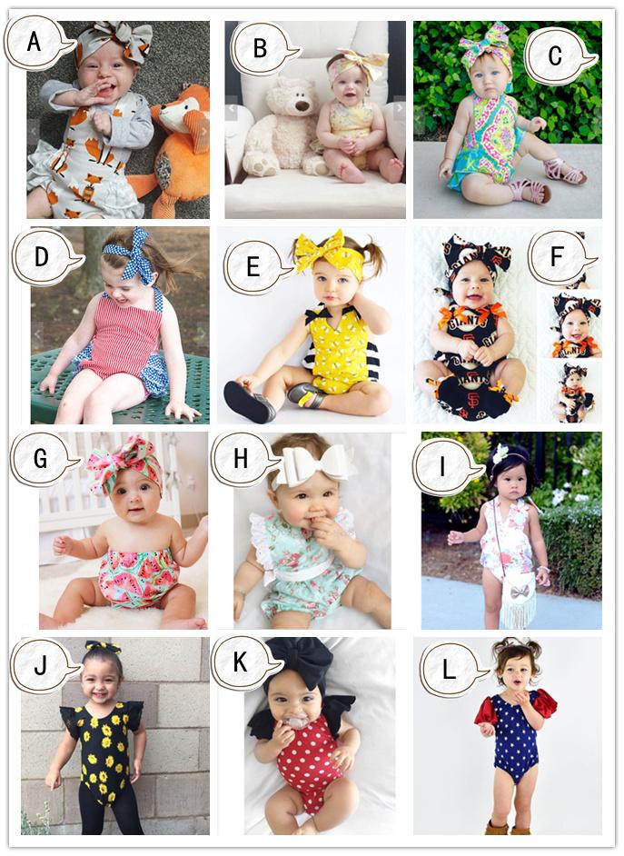 12 Designs Baby Rompers Headbands Fox Honey Bee Watermelon Flora Dots Striped Star Printed Lace Triangle Jumpsuit Infant Girls Outfit 6-24M